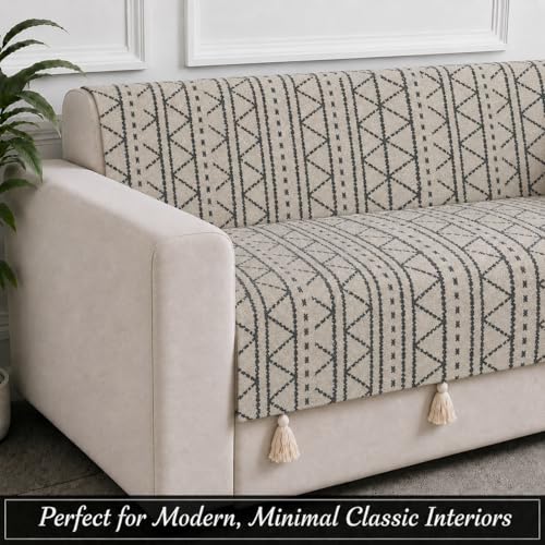Image of STITCHNEST 'Nomad Weave Collection' 3 Seater Sofa Cover - Full Coverage| Elegant Jacquard Fabric, Decorative Tassels, Washable & Durable for Modern Living31