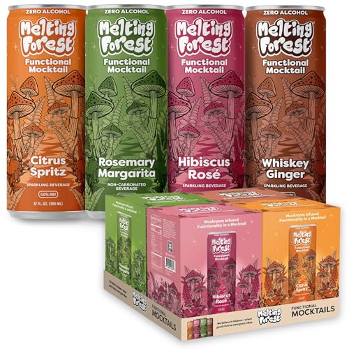 Melting Forest Functional Mocktail - 4 Variety Flavors - Alcohol-Free Euphoric Adaptogen Drink with Reishi Antrodia Lions Mane L-Theanine & Ashwagandha - 10 Calories Vegan Gluten-Free (16 Pack)