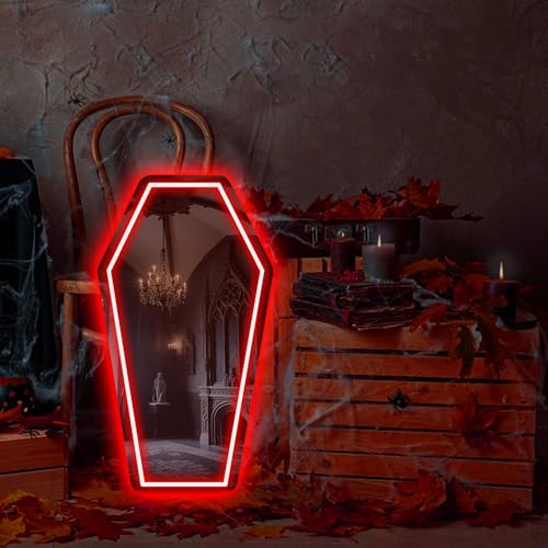 Image of Coffin Mirror Neon Sign, Coffin Neon Signs for Wall Decor, Goth Neon Sign Gift for Goth Lovers, Coffin Make-up Mirror Whimsical Goth Home Decor 17″x9.44″