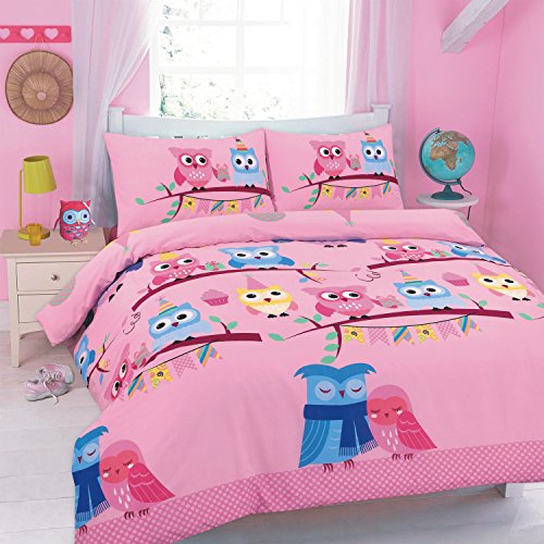 Maria Luxury Bedding & Linen Cot Duvet Cover Set with Pillowcase Owl Duvet Cover Sets, Kids Toddler Baby Children Owl Cot Duvet Cover Set with Pillowcase - 120cm x 150cm (Pink)
