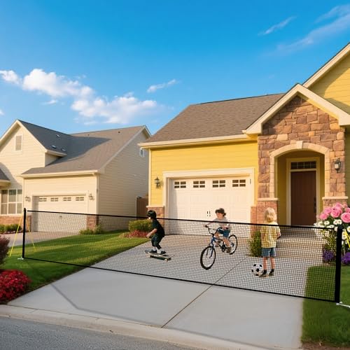Driveway Safety Net for Kids 20FT Wide 40Inch Tall - Driveway Guard Barrier Net Fence with Upgraded Ground Stakes and Reflective Strips Driveway Gate Mesh Ball Stopper Netting for Outdoor Backyard