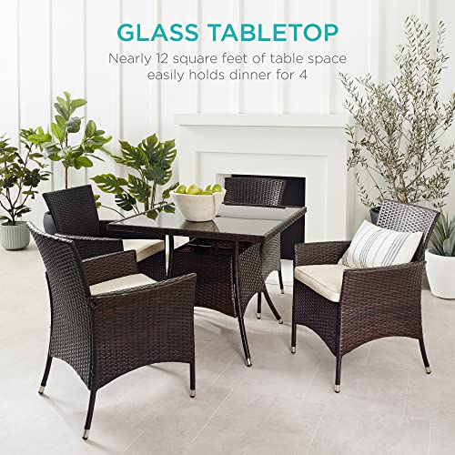 Image of Best Choice Products 5-Piece Indoor Outdoor Wicker Dining Set Furniture for Patio, Backyard w /Square Glass Tabletop, Umbrella Cutout, 4 Chairs - Cream