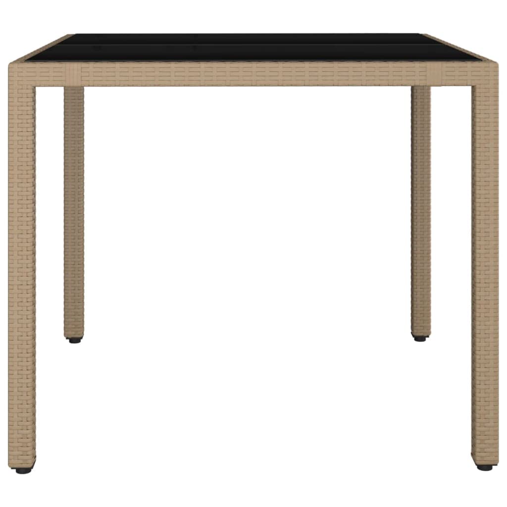 Mesa de jardín con tapa de cristal, mesa de balcón, mesa de exterior, mesa de jardín, mesa de exterior, adecuada para balcón, terraza, bistró, jardín, beige, poliratán y cristal templado