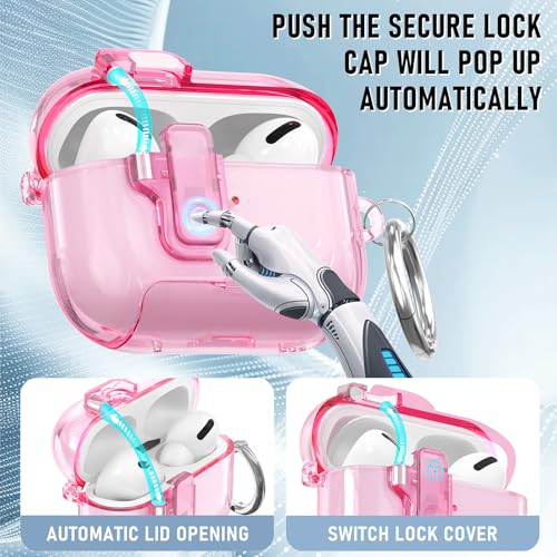 Image of for AirPods Pro 3 Case (2025) with Cleaner Kit, Cute with Lock Clid and Cleaner Kit,[Auto Pop-Up] Soft TPU Clear Cover with Bracket & Dustproof Design for AirPods Pro Case with Keyring(2025)-Pink