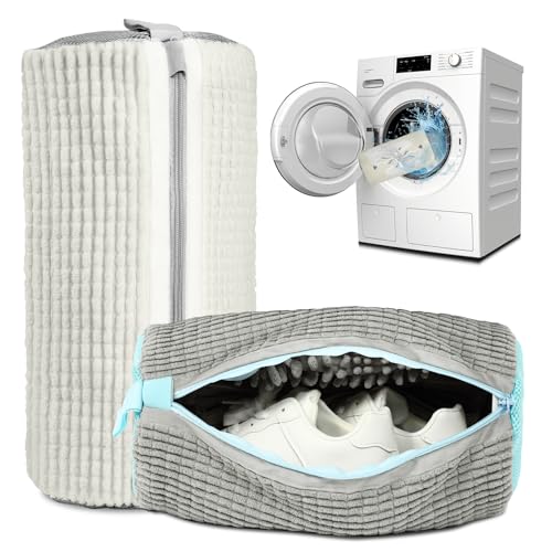 Sacchetti per Scarpe Lavanderia 2 Pezzi, Sacchetto Scarpe Rete con Cerniera e Pulizia a 360°, Della Lanugine Riutilizzabile Proteggi Scarpe per Lavatrice, per Scarpe Sportive (Bianco + Grigio)
