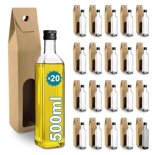 Espirito Rebelde 20 Bouteilles en Verre 500ml avec Bouchon a Vis Noir + 20 Boîtes | Huile d'Olive, Vinaigre, Alcool | Huilier en Verre