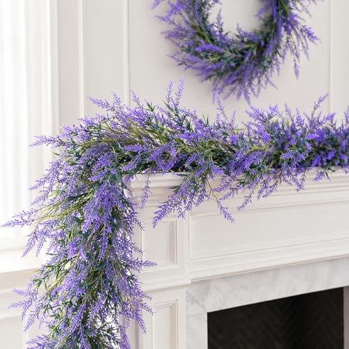 RAINFLOW 6FT Artificial Lavender Flower Garland Purple Greenery Vine Decor - UV Resistant Waterproof Lush Floral Mantle Table Wedding Arch Porch Indoor Outdoor Spring Summer Decorations