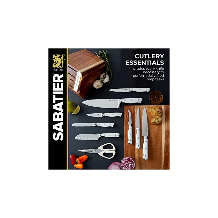Sabatier 15-Piece Forged Triple Rivet Knife Block Set with Built-in Sharpener, High-Carbon Stainless Steel Kitchen Knives, Razor-Sharp Knife set with Acacia Block and Edgekeeper Technology, White