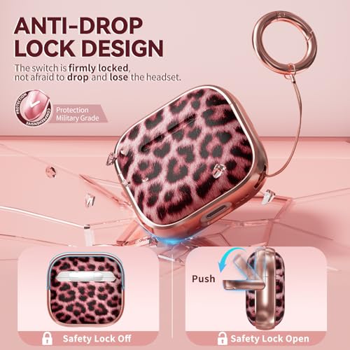 Image of Inesore for AirPods 4 Case Cover 2024 with Lock-Pink Jaguar | Two-Piece Design,with Gold Keychain & Cleaning Pen,Support Wireless Charging,Cute Luxury Case for Women Girly
