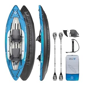 AQUASTIC Kajak Dolph 11'0" Aufblasbares 2-Personen-Kajak im Set mit Zwei Sitzen Aufblasbarer Stabilisator und Schutzhülle 335x96 cm Ideal für Rafting und Ausflüge Starkes PVC-Material