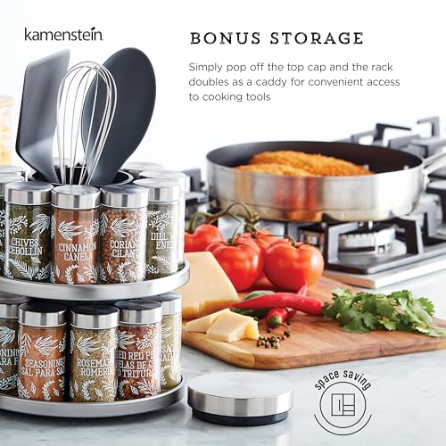 Image of Kamenstein Salem 20-Jar Rotating Spice Rack with Spices Included, Stainless Steel Countertop Organizer with Sifter Caps and Tool Caddy, Spice Set for Kitchen Organization