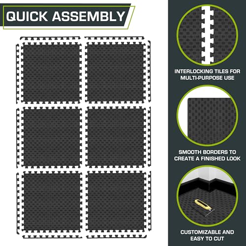 Image of ProsourceFit Exercise Puzzle Mat 1-inch, Checkered EVA Foam Floor Tiles w /Non-Slip Texture, Interlocking Design for Adjustable Gym Surfaces, Shock Absorbing, Black, 24 SQ FT - 6 Tiles