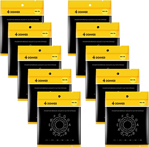 Donner 10-Pack Acoustic Guitar String Bundles – Light 6 Strings (11-50), Phosphor Bronze Coated with Warm & Bright Tone (DAS-20L) - Les Beatles, Paul McCartney, John Lennon, RIngo Starr, George Harrison Donner 10-Pack Acoustic Guitar String Bundles - Light 6 Strings (11-50), Phosphor Bronze Coated with Warm & Bright Tone (DAS-20L)