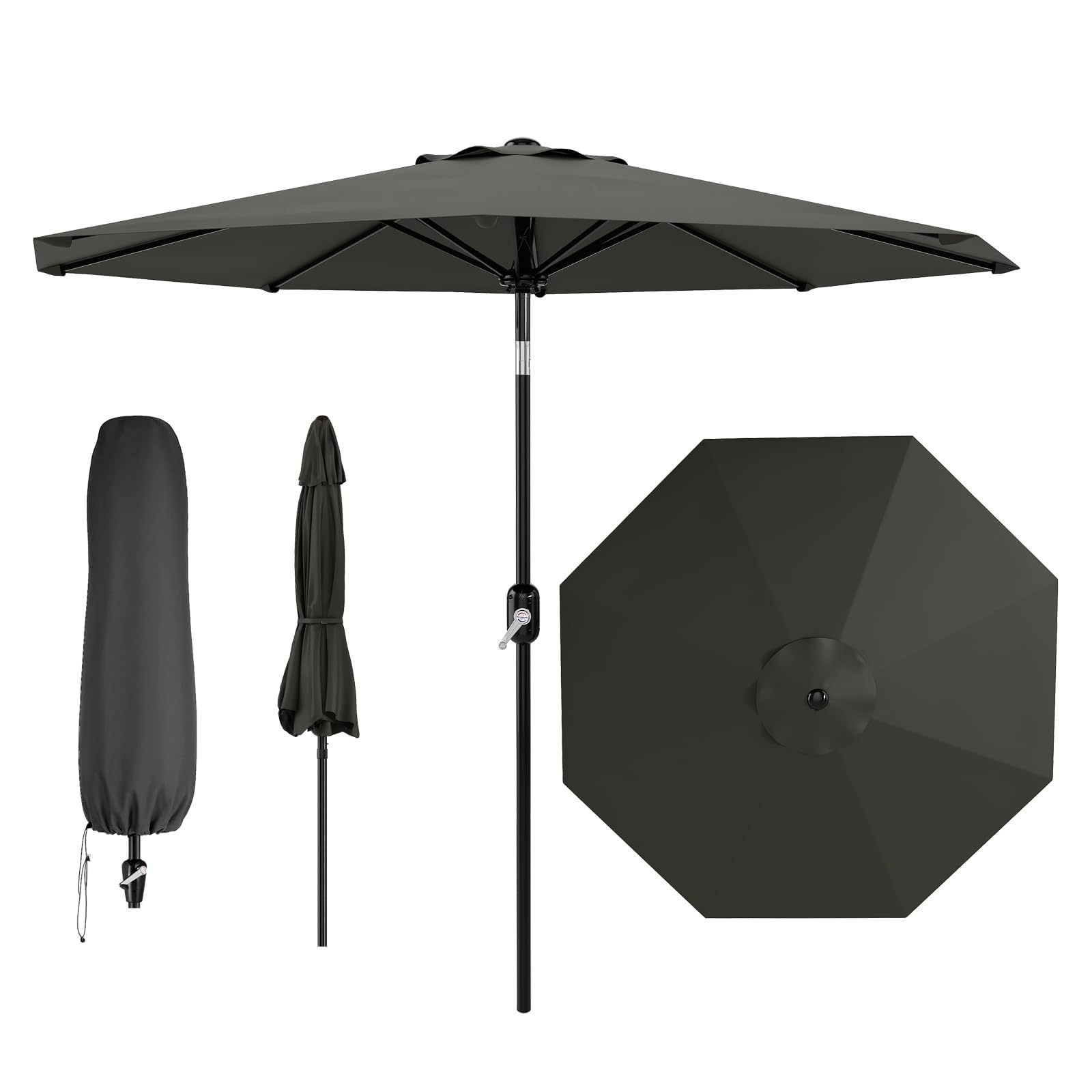 Parasol de Jardin 2,7 m Étanche UV50+, Manivelle, Inclinaison, Gris