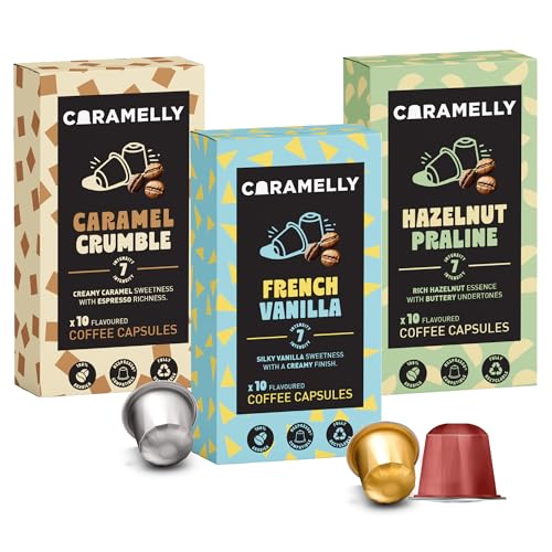 Image of Caramelly Flavoured Coffee Pods Bestsellers Combo | 30 Aluminium Nespresso Compatible Capsules | French Vanilla, Caramel & Hazelnut | Premium AAA Specialty Coffee