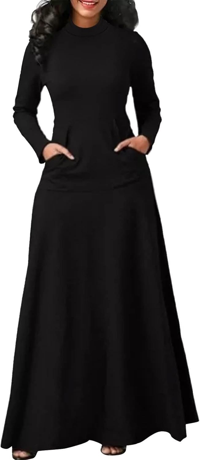 ZOCANIA Turtleneck Maxi Dress Womens Long Sleeve Waist-Hugging A Line Dress Muffler Neck Floor Length Sweatshirt Long Dress
