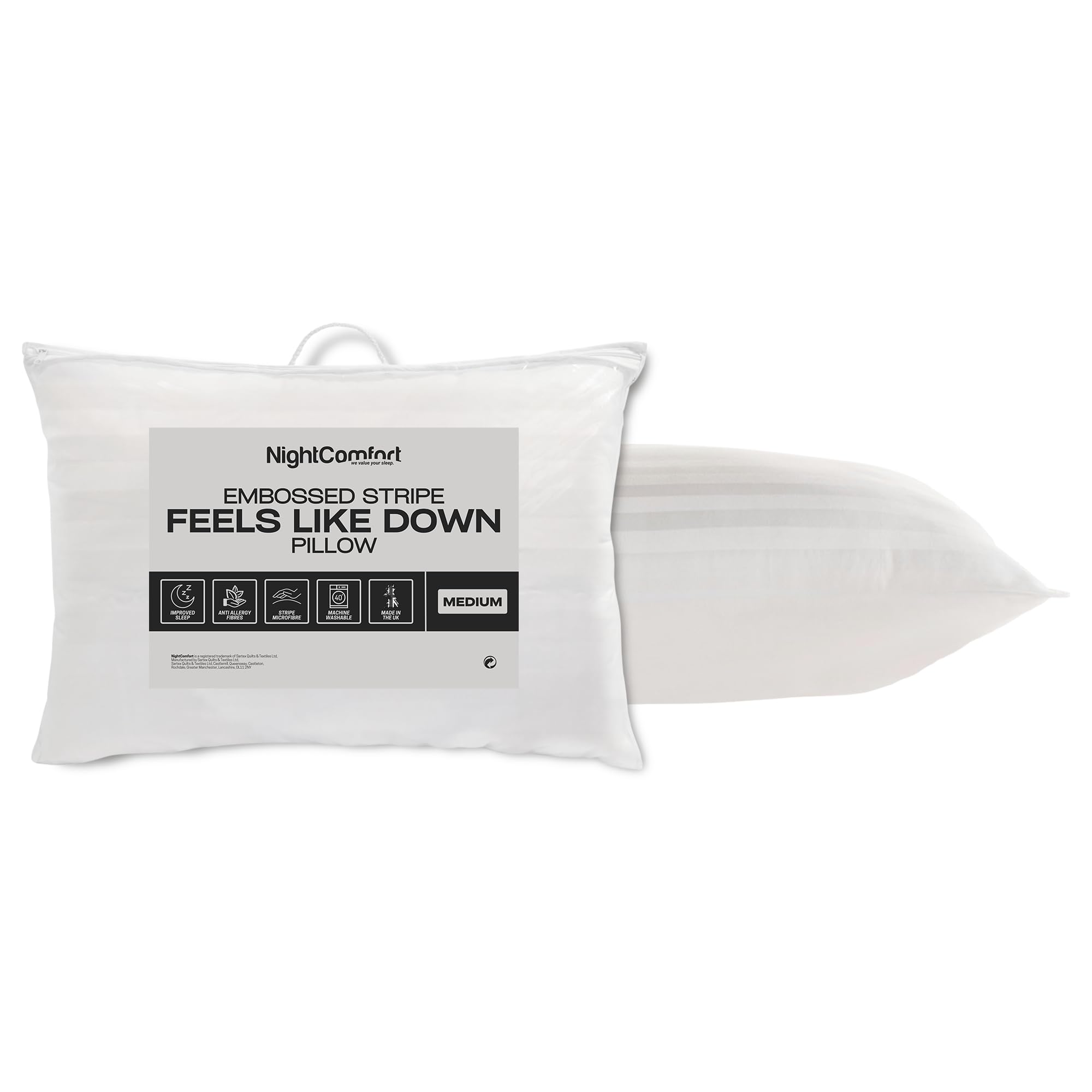 Night Comfort Medium Support Satin Stripe White Pillow - Hypoallergenic Microfibre Pillows For Side Sleepers, Filled With Bouncy Hollowfibre, Big Pillows For Bed (Pack Of 1)