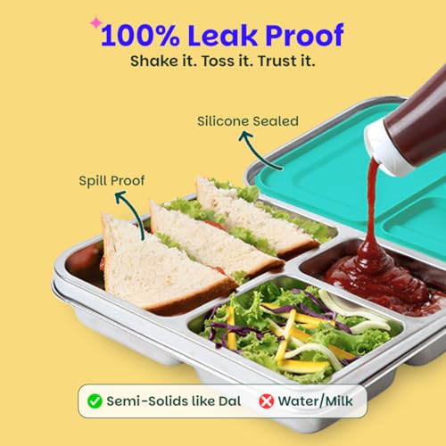 Image of Basil Bento Neo Classic 2025 - New & Improved, 1000ml 3-Compartment Stainless Steel Lunch Box for Adults, Teens & Kids | Leak-Proof & Easy to Open Tiffin for Office, School, College - Teal