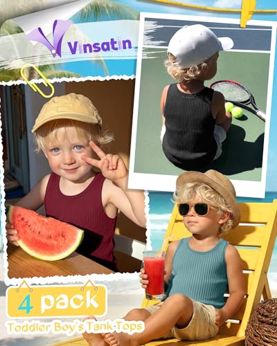 Image of 4 Pack Toddler Boys Cotton Tank Tops | Ribbed, Sleeveless T-Shirts, Summer Undershirts, Slim Fit, Crewneck, Layering, Sizes 18M-5T