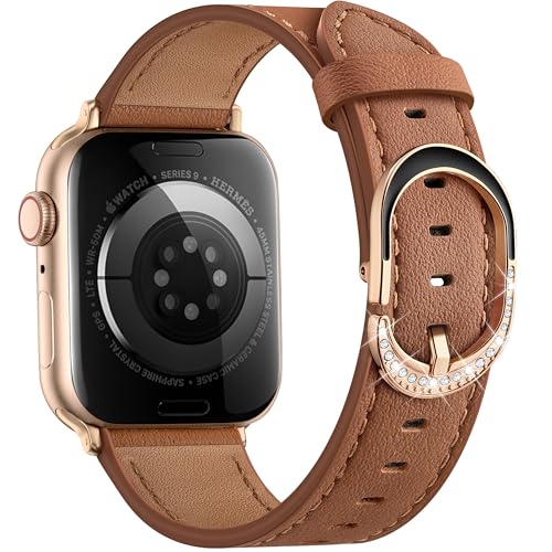 DaQin Leather Band Compatible with Apple Watch Bands for Women 40mm 38mm 41mm 42mm Premium Top Grain Genuine Leather Strap Adjustable Wristband for iWatch Series 11 10 9 8 7 6 5 4 3 2 1 SE Brown
