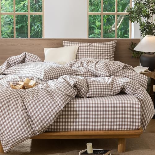 Image of MooMee Gingham Duvet Cover Set 100% Washed Cotton Linen Like Textured Breathable Durable Soft Comfy Modern Checkered Design (Brown Gingham, Queen 90 inchx90 inch)