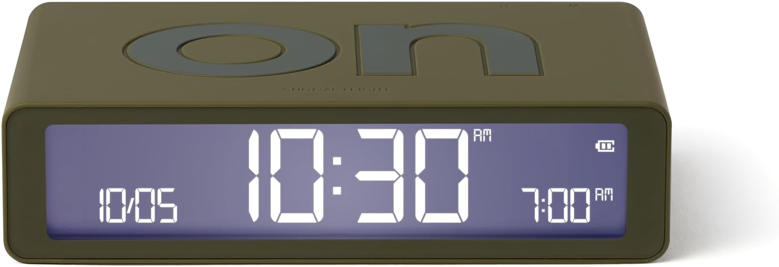 Lexon Flip Classic Digital Alarm Clock with Reversible On/Off Faces, Rechargeable bedside clock with LCD display, Touch Sensor for Snooze & Light function - Kakhi