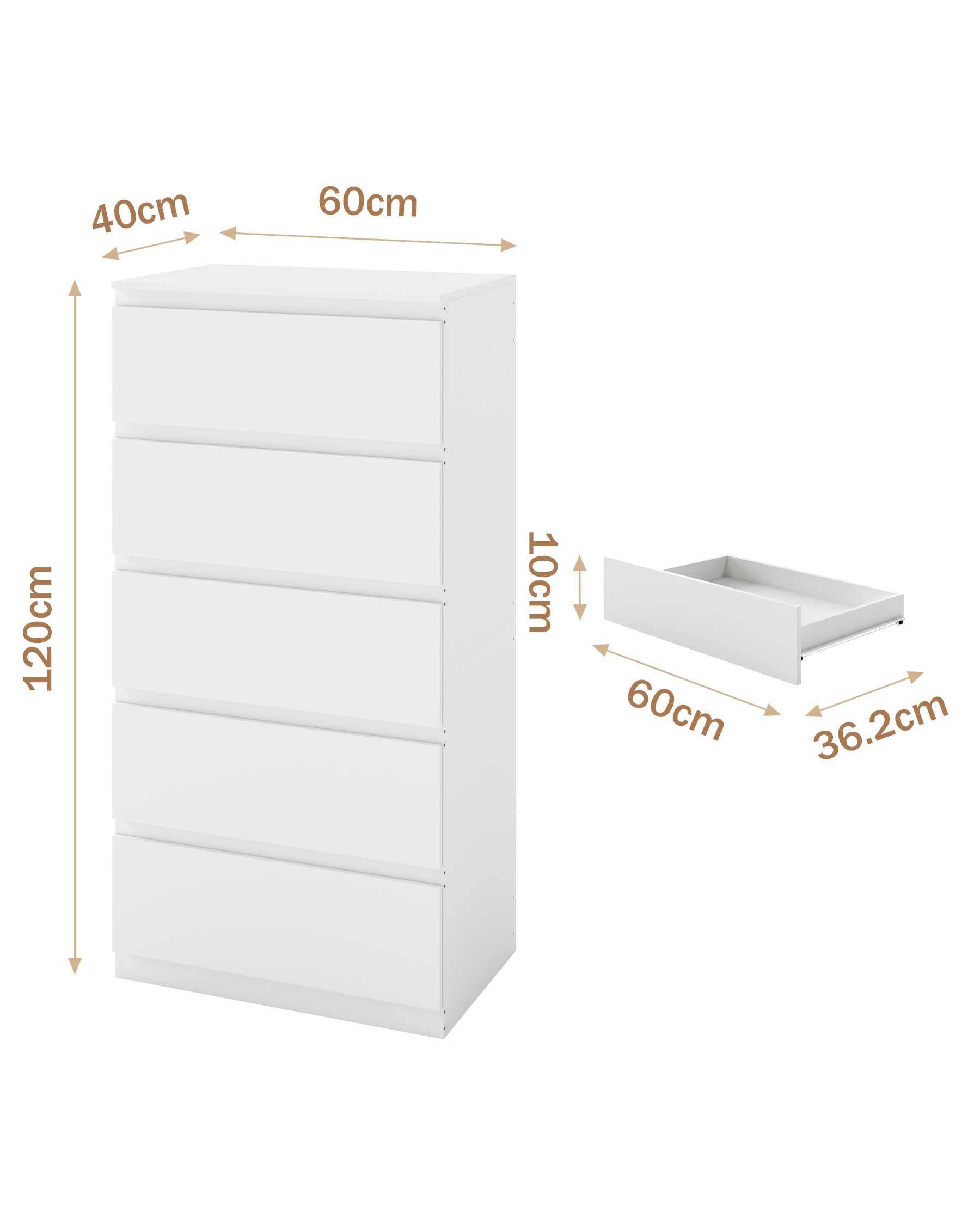 Cómoda blanca con 5 cajones, diseño sencillo, mucho espacio de almacenamiento para salón, dormitorio y estudio