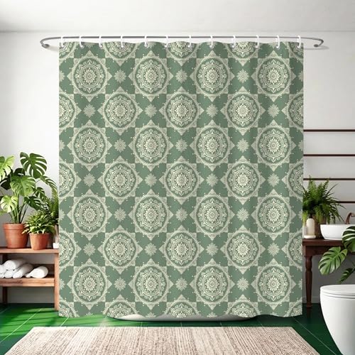 TSLOVER Boho Green Sage Shower Curtains for Bathroom,Funny Bohemian Mandala Shower Curtain,Aesthetic Waterproof Polyester Boho Bathroom Decor,72x72 Inch