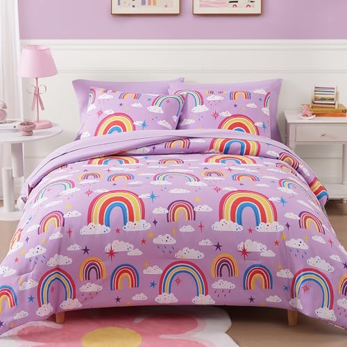 Full Size Comforter Set for Boys-7 Pieces Purple Rainbow Glow in The Dark Full Bedding Sets for Kids, Ultra Soft Bed in A Bag with Sheets