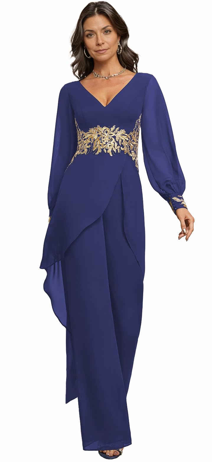 Mother of The Bride Pant Suits 2 Pieces Chiffon Mother of The Groom Jumpsuit V Neck Applique Wedding