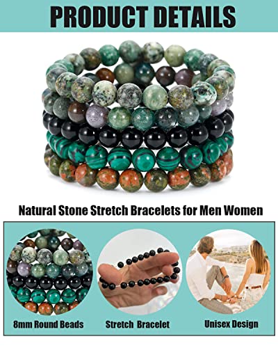 BOMAIL 5PCS Semi-Precious Gemstone Bracelet - Healing Crystal Stone Beaded Bracelets for Women Men 8mm Round Beaded Stretch Bracelets Unisex Yoga Bracelets2
