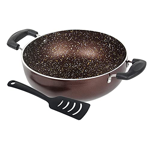 Image of Aluminium Nonstick Dual Coated Deep Kadai Without Lid PFOA Free for Oil Free Healthy Cooking with Food Grade Spatula - Black (Size 240 mm /2.6 mm Thick)
