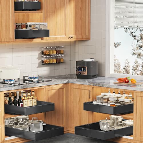 4 Pack Expandable Pull Out Cabinet Organizer 21" Deep With Raising Pad for Framed Cabinets,Upgrade 3 Slide Rails Slide Out Drawers,No Drill Roll Out Shelves,Adjustable Width 9"-14" Black