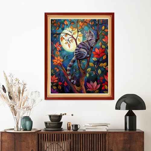 Image of Artvxeay Stamped Cross Stitch Kits - Embroidery Kits for Beginners Cross Stitch Kits for Adults 11 CT Printed Patterns Needlepoint Kits-Cat Admiring The Moon 16x20 inch