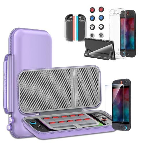 Switch 2 専用 ケース Sungale 収納ケース+ガラス保護フィルム+スティックキャップ8枚+分体式設計 PCカバー+ TPUグリップカバー 10ゲームカードスロット 大容量 収納バッグ 耐衝撃 防塵 全面保護 防水(パープル)