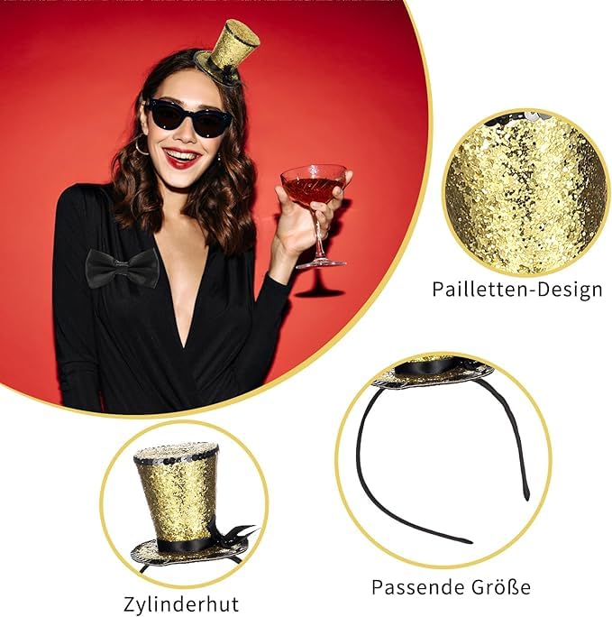 BEIMEIII 4 Pieces Mini Hat Cylinder Set Headband Includes 2 Pieces Black Bow Tie and 2 Pieces Gold Mini Top Hat for Wedding Accessory Headdress Carnival Prom Party - Image 3