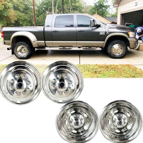 Image of 4pcs 17 inch Stainless Steel Wheel Simulators for Dodge Ram 3500 Dually | Waterproof, Screw-on, 8 Lug 5 Hand Hole, For 2003-2018 Ram 3500 Dually, Bolt On Wheel Covers, Includes Center Caps