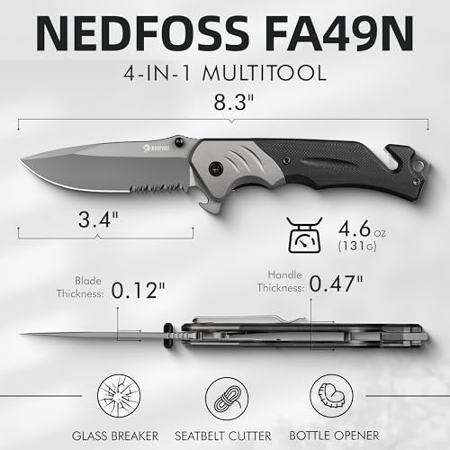 Image of NedFoss FA49 Tactical Pocket Knife, 3.4 inch 8Cr14Mov Serrated Blade G10 Handle | Upgraded, Preciser, Lightweight Aluminum Bolster, Glass Breaker Seatbelt Cutter, Bottle Opener, for Camping Survival Hunting