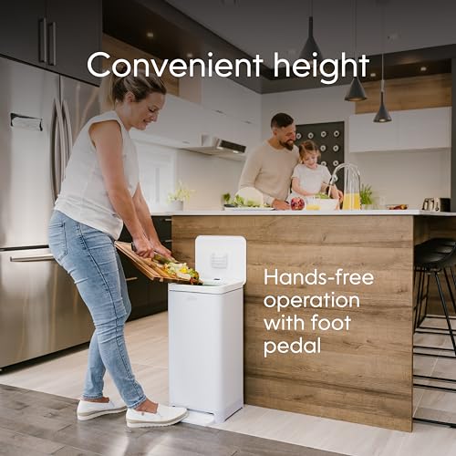 Image of Compost Genie Kitchen Compost Bin, White Stainless-Steel Large, 3.6 Gallon, Indoor Odorless Composting, Hands-Free, Washable Parts, Includes 8 Tear-Off Compostable Bags and 4 Carbon Filters