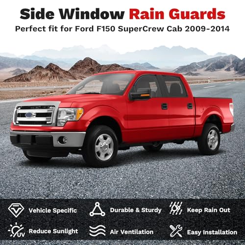 Image of Canvcle F150 Rain Guards - Window Visors for 2009-2014 Ford F150 SuperCrew Cab, Outside-Mount Tape-On Side Window Wind Deflectors for 09-14 F-150 Accessories, Vent Visors Shades Rainproof 4PCS