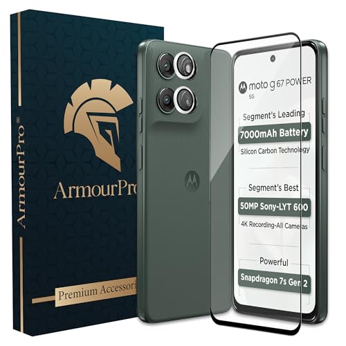 Image of ArmourPro Edge to Edge Tempered Glass for Motorola G67 Power with Silver Camera Ring Guard, 9H Screen Protector, Anti-Scratch, Anti-Fingerprint, Bubble-Free Installation Kit