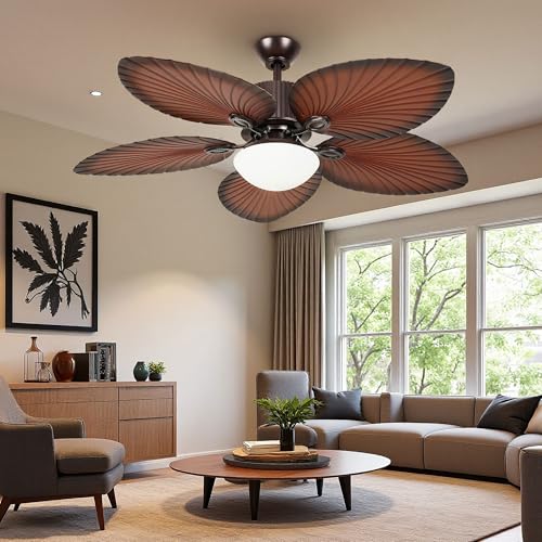 DWVO 52 Inch Palm leaf Ceiling Fan with Lights, Tropical Ceiling Fans with Remote, 3CCT Dimmable, Reversible Quiet DC Motor for Bedroom, Living Room, Dining Room