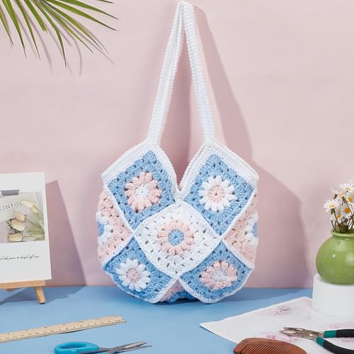 ORIGACH Kit de bolsa de crochê para adultos iniciantes, linda flor bolsa quadrada de crochê kit de bolsa de ombro de crochê fácil com tutorial de vídeo passo a passo, instruções, fios, gancho,
