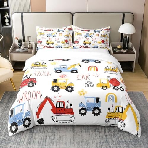 Erosebridal 100% Organic Cotton Vehicle Duvet Cover, Rainbow Construction Truck Comforter Twin Comforter Set Tractor Bedding Twin Bedding Sets for Boys Cute Comfy Cozy Room Decor