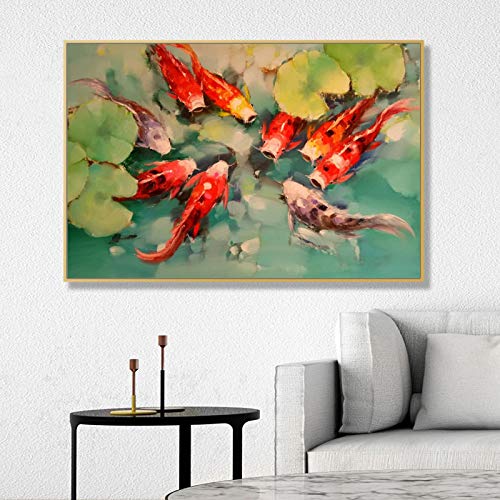 Décoration zen carpe koi feng shui | Grand tableau étang de lotus pour salon