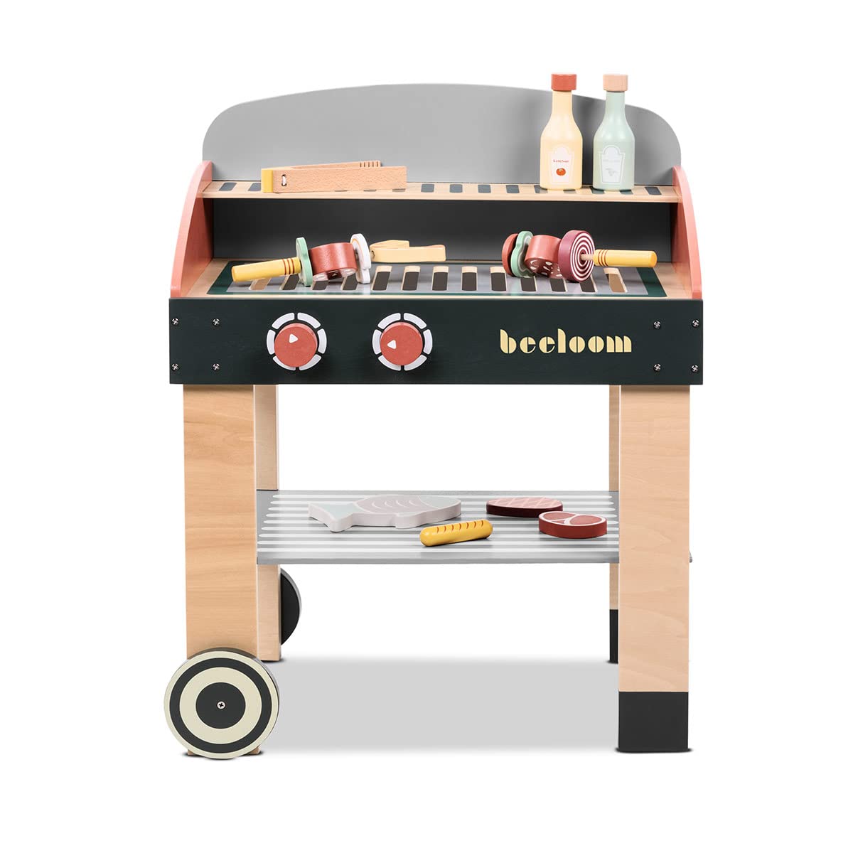 Beeloom Babycue - Cocinita Infantil De Madera Natural con Accesorios, Estilo Barbacoa, Juego De Imitación para Niños Desde 3 Años, Diseño Portátil Y Minimalista