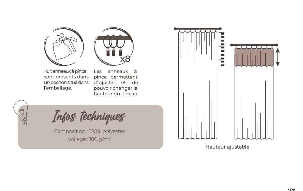 Lot de 2 voilages Ajustables + 8 Anneaux Pince 140 x 270 cm Polyester Effet Lin Nia Le Fil d'Ariane (Terracotta)