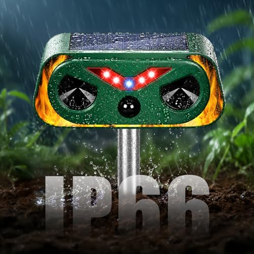 Image of 4-Pack Solar Powered Ultrasonic Animal Repeller Outdoor | Waterproof Deer Cat Dog Squirrel Raccoon Rabbit Deterrent with Motion Sensor & Flashing Light for Yard Garden Lawn Farm