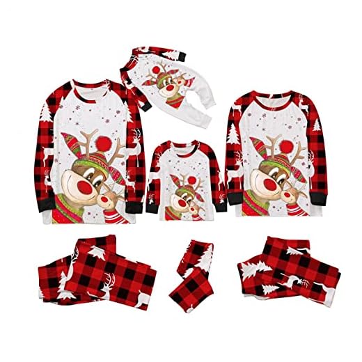 riou Conjunto de Pijamas Navidad Familia Estampado de Tartán Rojo de Reno Cuello Redondo Camiseta Tops Ropa de Casa para Padres Mamá Niños Bebe Cómodo Sudadera Chándal Suéter,Unisex