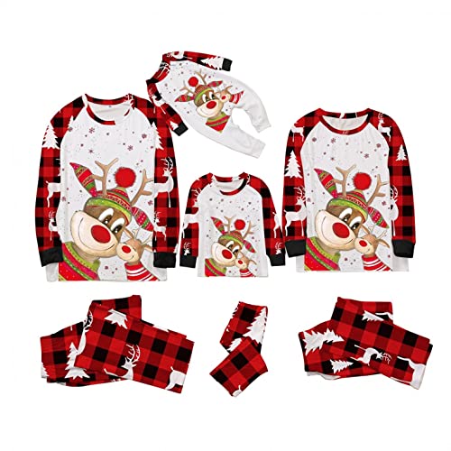 riou Conjunto de Pijamas Navidad Familia Estampado de Tartán Rojo de Reno Cuello Redondo Camiseta Tops Ropa de Casa para Padres Mamá Niños Bebe Cómodo Sudadera Chándal Suéter,Unisex